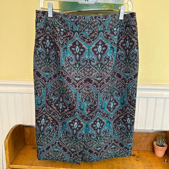 Talbots pencil skirt knit with lining blue green printed pattered pencil skirt 6 - Picture 2 of 6